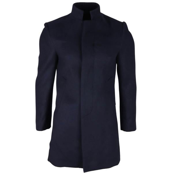 Infinity Leather Men's Navy Stand Collar Wool Blend Overcoat