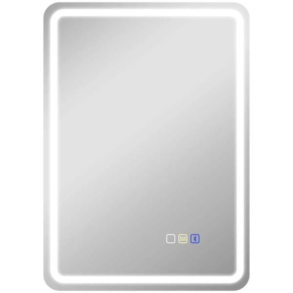 Square Bluetooth bathroom mirror with silver-tone frame and rounded edges