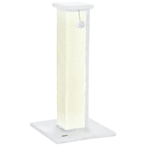White vertical cat scratcher with natural sisal rope, hanging plush ball, square base