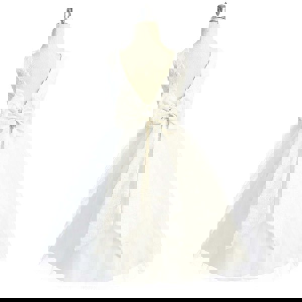 Rear bow of white lace and sequin dress