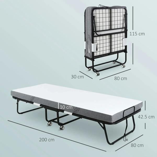 Portable folding bed with white 10 cm mattress, gray top cover, black frame and wheel legs