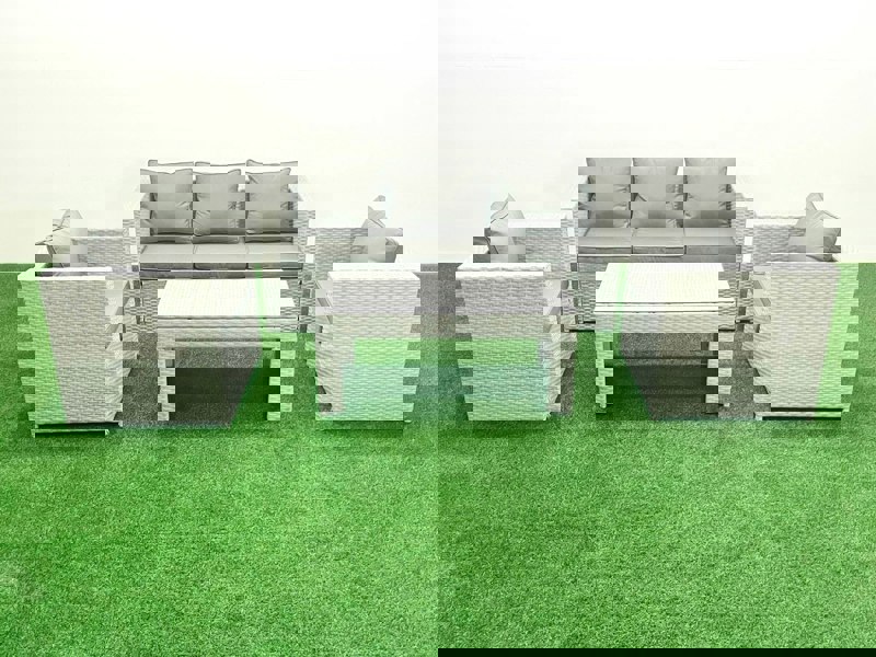 Fimous Rattan Garden Furniture Set 4 Pieces Outdoor Garden Sofa Oblong Coffee Table Set with 2 Chairs Light Grey Mixed
