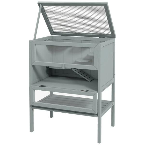 Grey 3-tier wooden hamster cage with openable top, wire mesh cover, and lower base