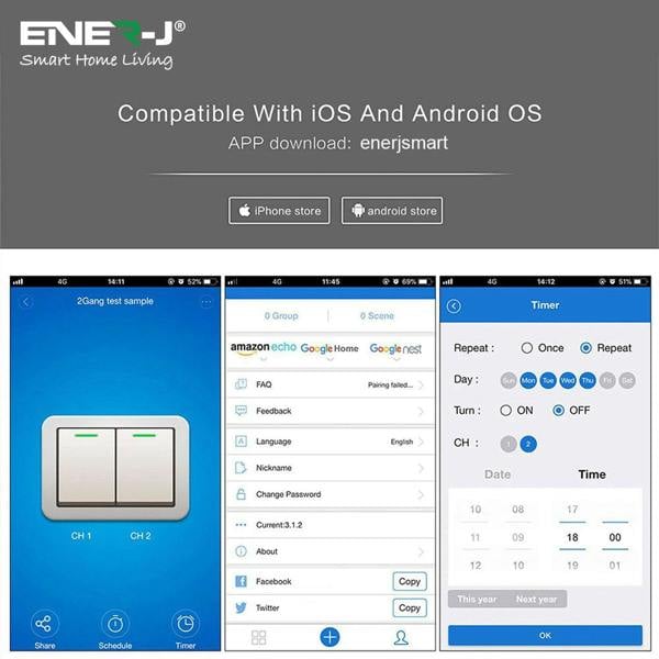 ENERJSMART mobile app interface for iOS and Android smart socket scheduling and control