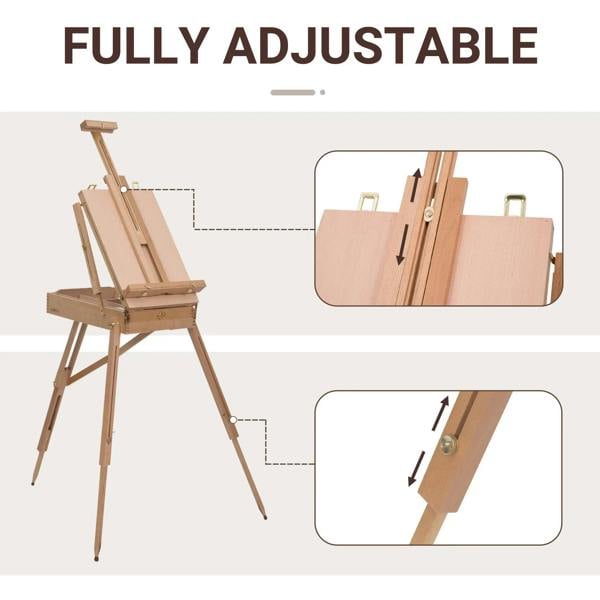 Fully adjustable wooden art easel with tilting drawing board and locking points