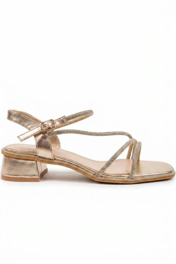 Pearl Rhinestone Embellished Strappy Low Sandals - Gold_wb