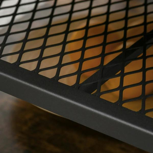 Black metal wire grid shelf underside under a coffee table