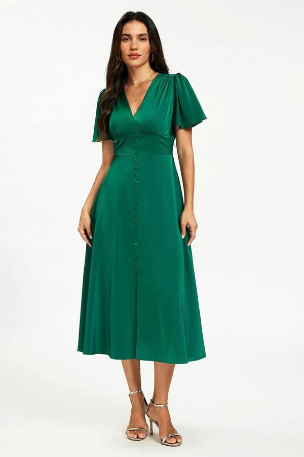 FS Collection Satin V neckline Button Detail Dress In Green