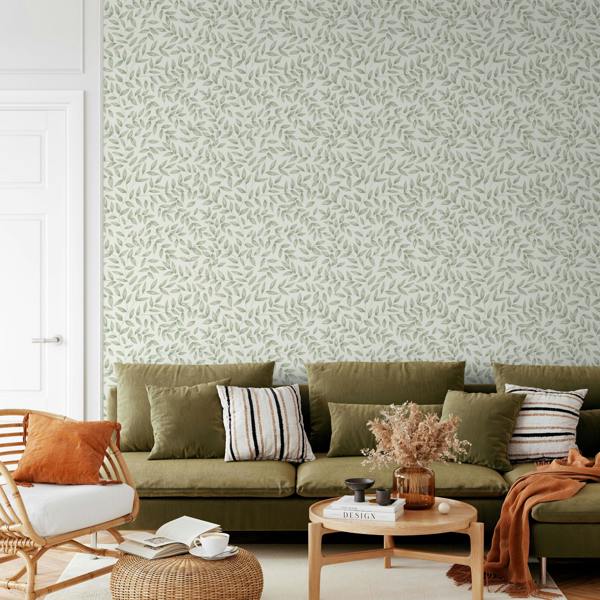 Grandeco Jessy Hand painted Leaf Trail Textured Wallpaper, Sage Green