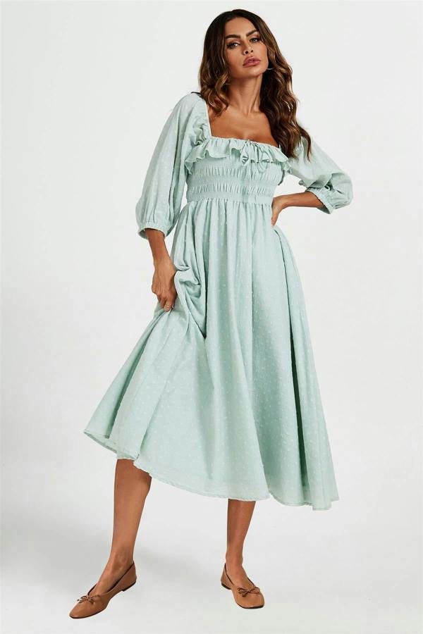 FS Collection Frill Detail Square Neckline Midi Dress In Light Green