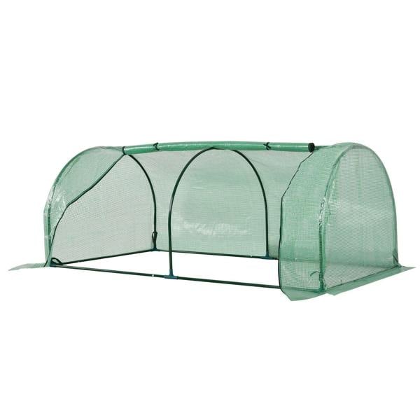 Green tunnel greenhouse with PE cover and arched steel frame, double door ends