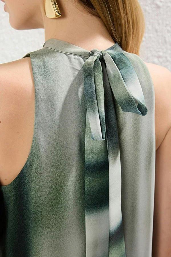 WOVCOR Abstract Patterned Straight Cut Maxi Woven Dress with Tie Detail