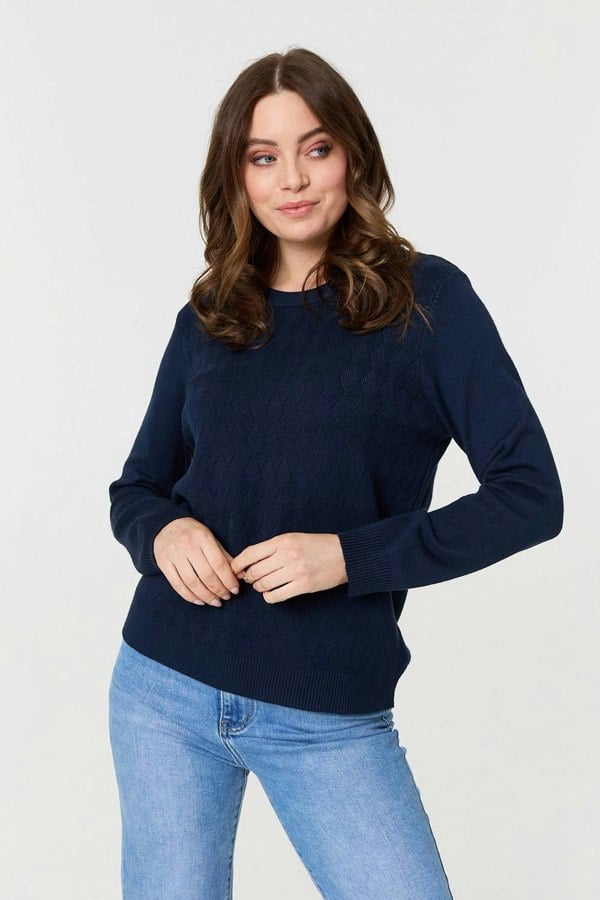 Navy | Textured Knitted Long Sleeve Jumper
