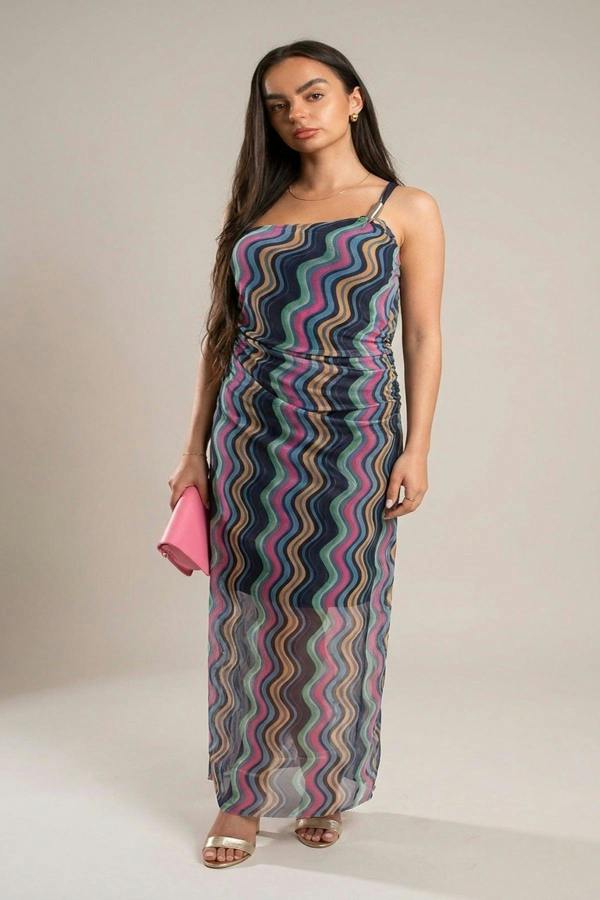 Jalia Wavy Print Ruched Mesh Strap Maxi Dress - Multi
