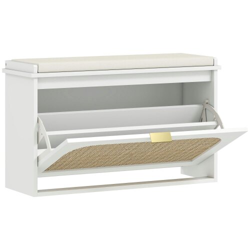 Wyld Haus Kekami Wooden White Boho Style Shoe Bench With Cushioned Seat And Flip Drawer