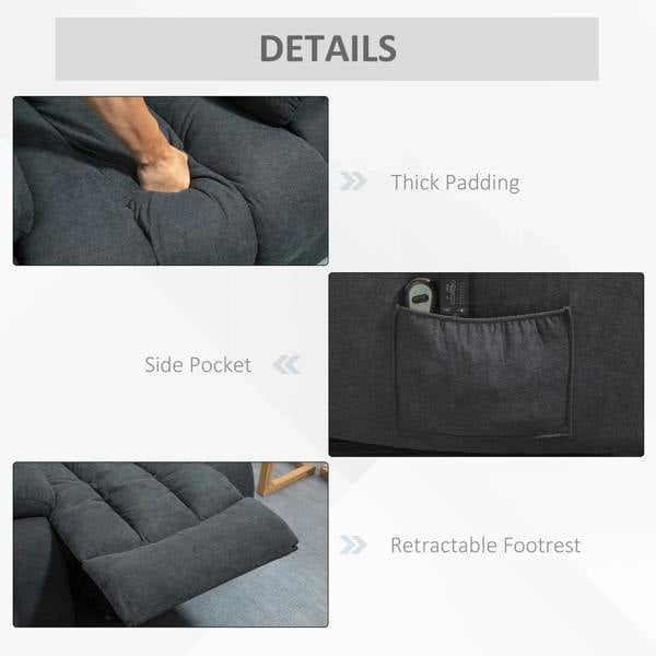 Dark grey lift recliner chair details: side pocket and retractable footrest