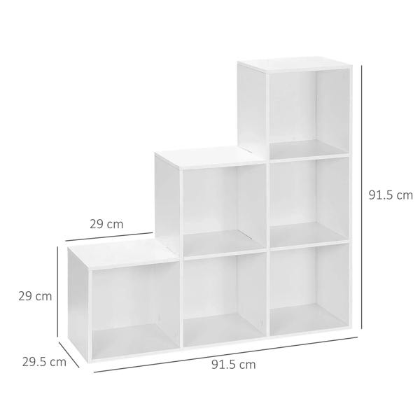 White 6-cube step storage cabinet with size markings and three-tier layout