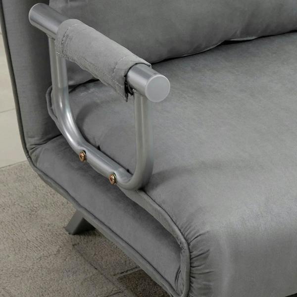 Light grey click-clack sofa bed armrest close-up with metal handle and frame