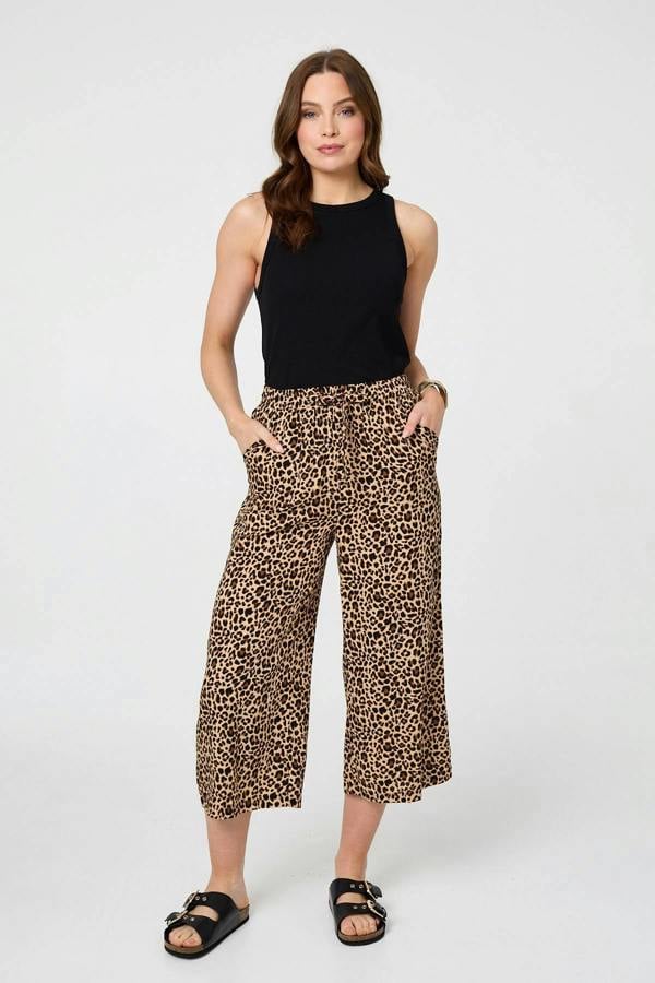 Beige | Animal Print High Waist Wide Trousers