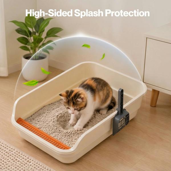 Skylos Cat Litter Tray Spacious High Sided Low Entry Open Pan for Cats Beige