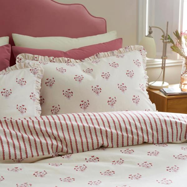 Emily Bond Hand Gathered Posy Cotton Reversible Duvet Cover Set Cream / Red