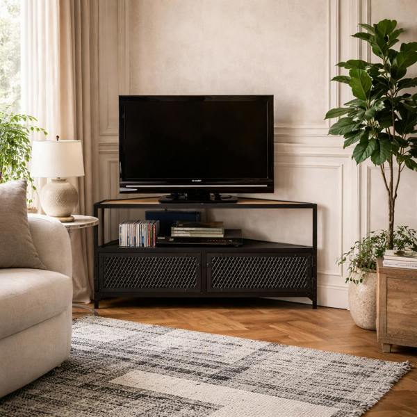 Wyld Haus Oulu Small Industrial Reclaimed Wood and Metal Vintage Corner TV Unit 2 Doors