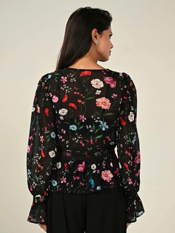 Rose & Nancy Juliette Black Floral Lace Trim Blouse