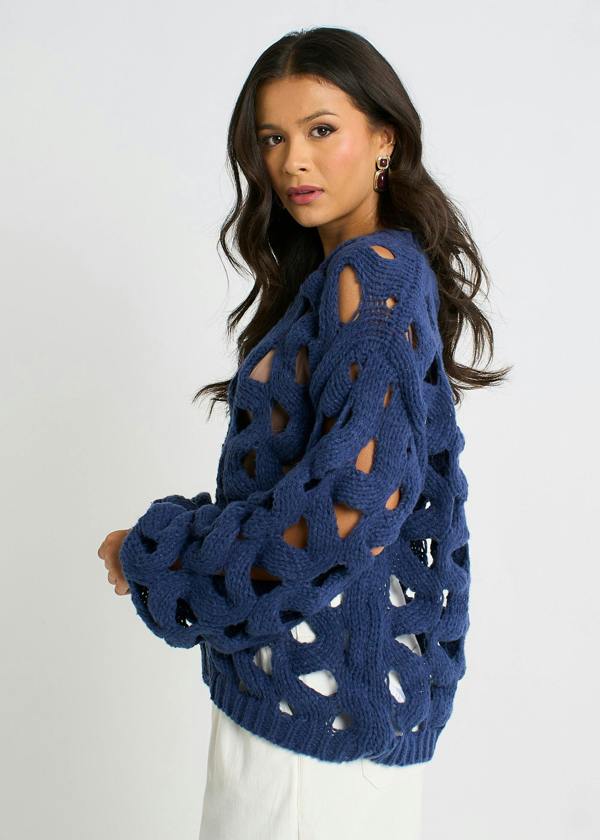 Gini London Navy Hollow Chunky Knit Cardigan
