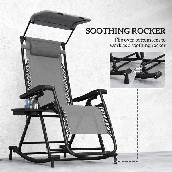 Grey outdoor rocking recliner chair with flip-over legs and padded backrest