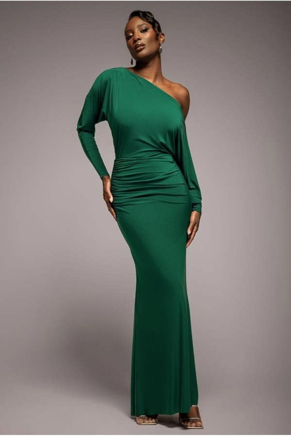 Bat Wing Elasticated Side Gather Maxi Dress - Emerald Green DR4889