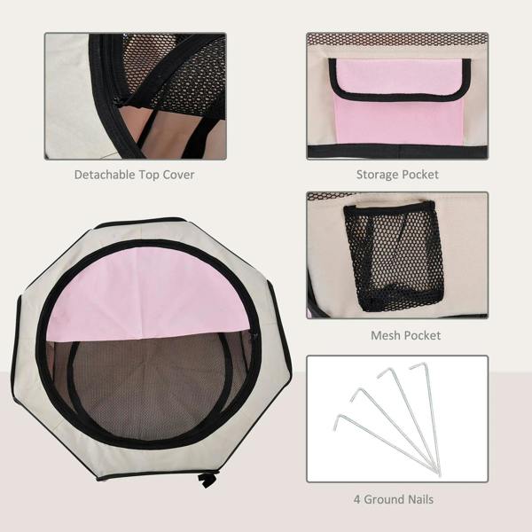 Pink pet playpen with detachable top cover, storage pocket, mesh pocket, and ground nails