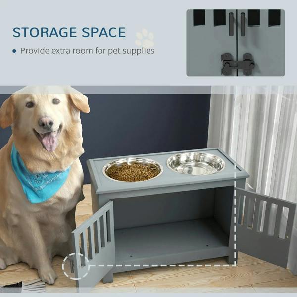 Grey raised dog feeding station with two bowls and open storage compartment for pet supplies