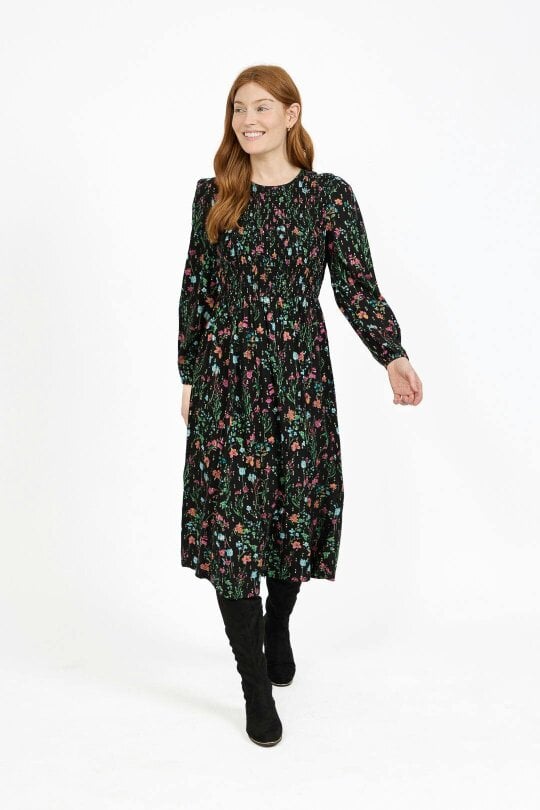 Mudflower Floral Print Lurex Full Sleeve Midi Dress