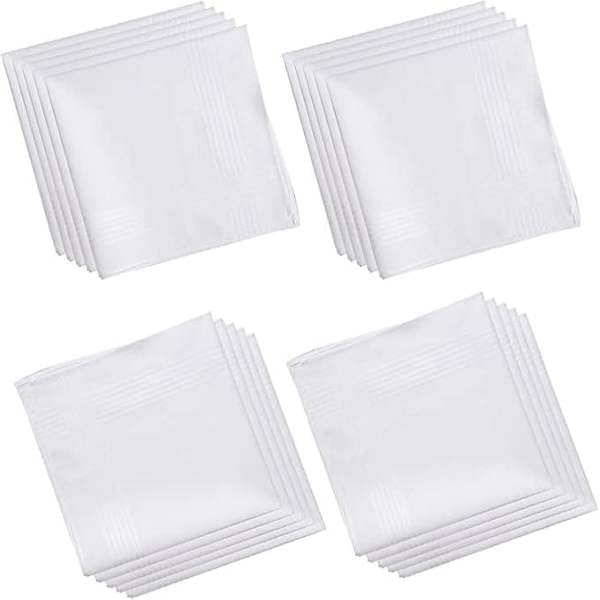 KAV Pack of 20 Men's Handkerchief with Imprinted Border - 36x36cm Polycotton Multifunctional Large Pocket Squares Hankies for Men - White