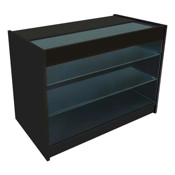Vega LED Shop Counter Set in black, featuring a sleek design with glass shelves and a top display area for showcasing products