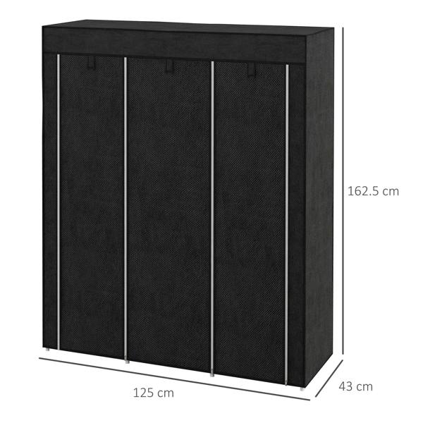 Black fabric wardrobe with three zippered front panels and a sturdy freestanding frame.