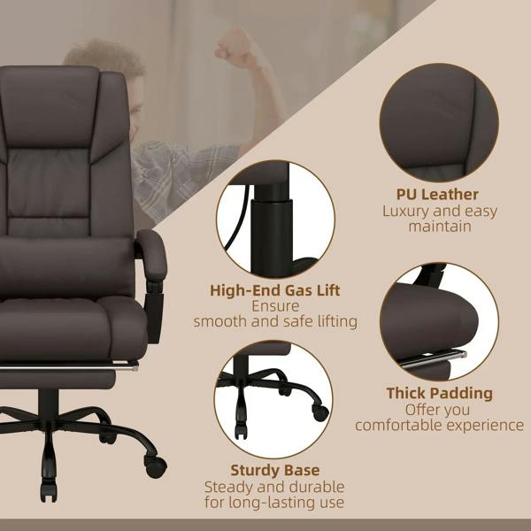 Brown PU leather massage office chair with gas lift base and thick padded seat