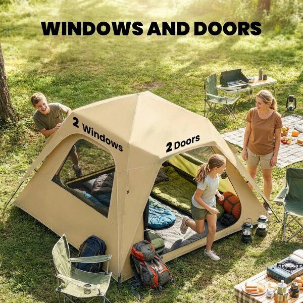 Pop Up Tent 3000mm Waterproof Camping Tents with Mesh Windows 2-3 People Khaki