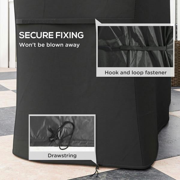 Black grill cover with hook-and-loop fastener and drawstring closure at the bottom.