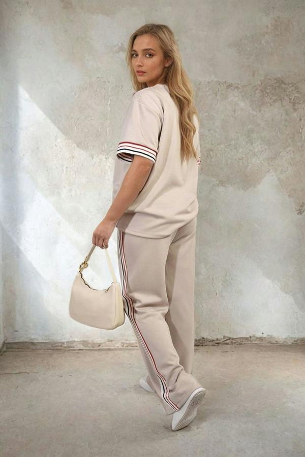 Jennifer Contrast Stripe Top And Wide Leg Trouser Co-ord Set - Beige