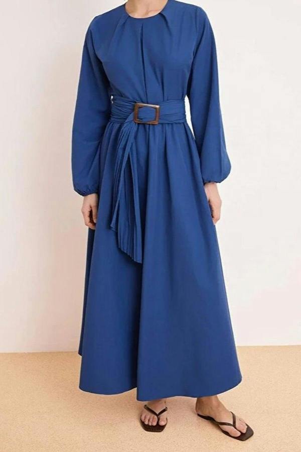 WOVCOR Unlined Pleated Belt Buckle Detail Woven Dress