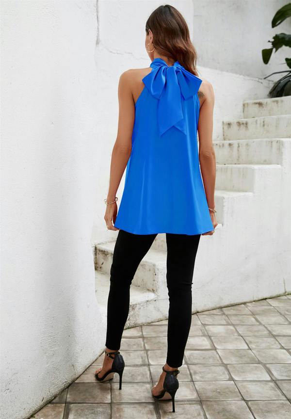 FS Collection Halter Neck Tie Back Top In Azure Blue