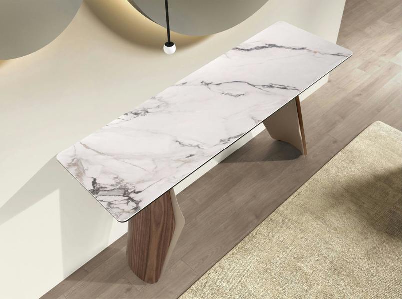 Angel Cerdá Rectangular console table in porcelain marble, metallic sand steel and walnut 3296