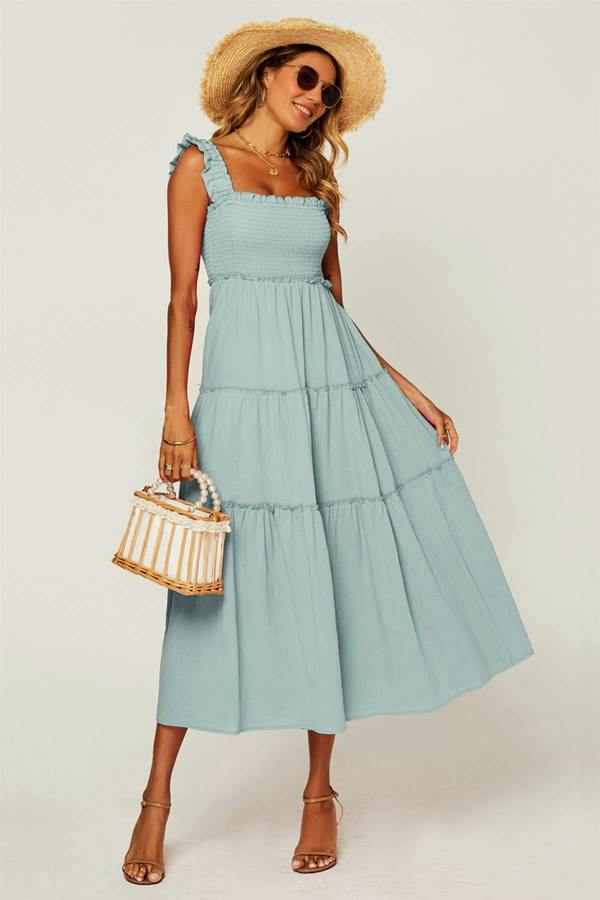 FS Collection Hem Detail Tiered Maxi Dress In Duck Egg