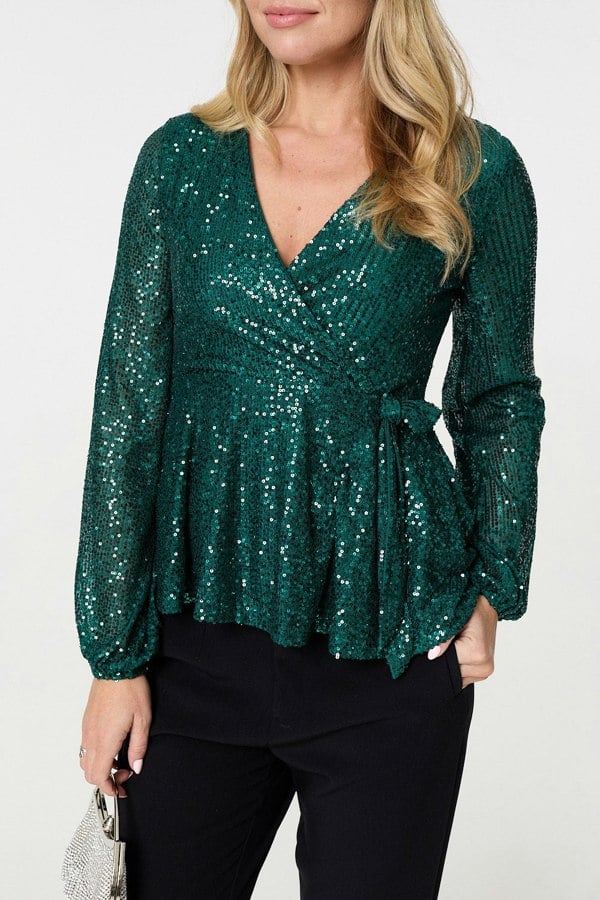 Green | Sequin Embellished Long Sleeve Peplum Top
