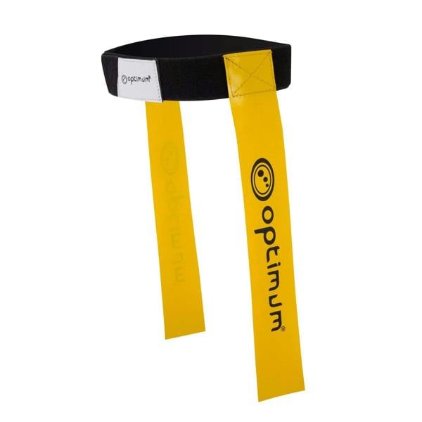Black Optimum tag rugby belt with two yellow hanging flags and black logo print, on white background