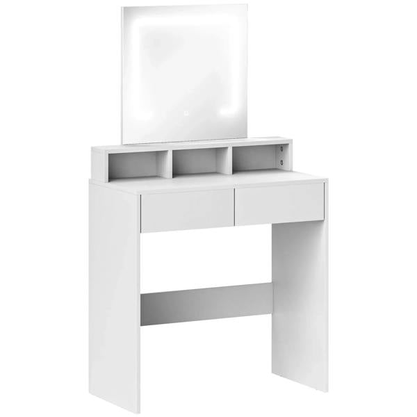 White dressing table with LED light mirror, open shelves and two front storage doors
