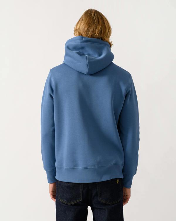 back of a model wearing a GANT Mens Regular Fit Shield Logo Pullover Hoodie in 476 Blue Horizon