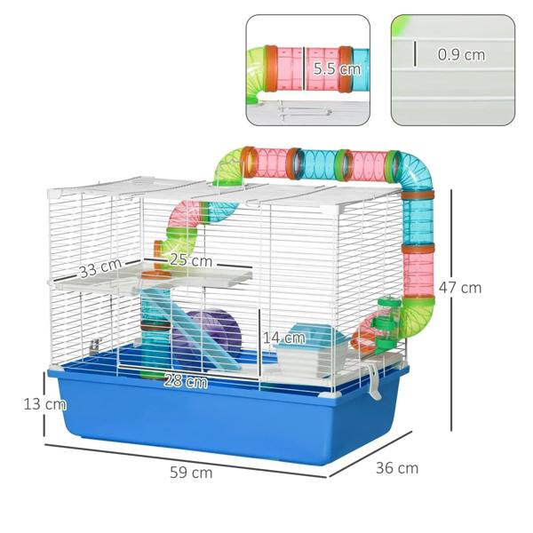 Three-level hamster cage with multi-color connecting tubes, purple exercise wheel, and feeding area