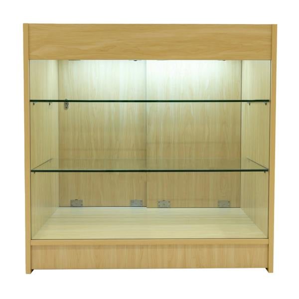 Astro LED Shop Counter Set in maple finish, featuring glass shelves and a sleek design, ideal for displaying merchandise